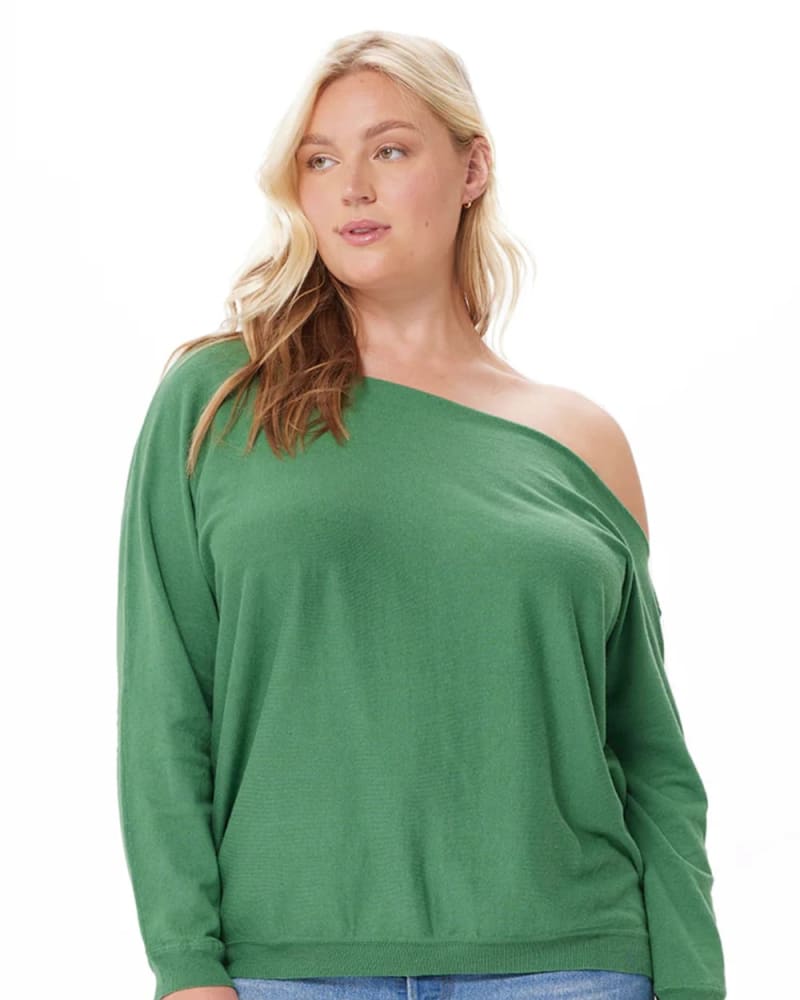 Front of a model wearing a size 1X Cotton Cashmere Off The Shoulder Sweater in Golf Green by Minnie Rose. | dia_product_style_image_id:324886